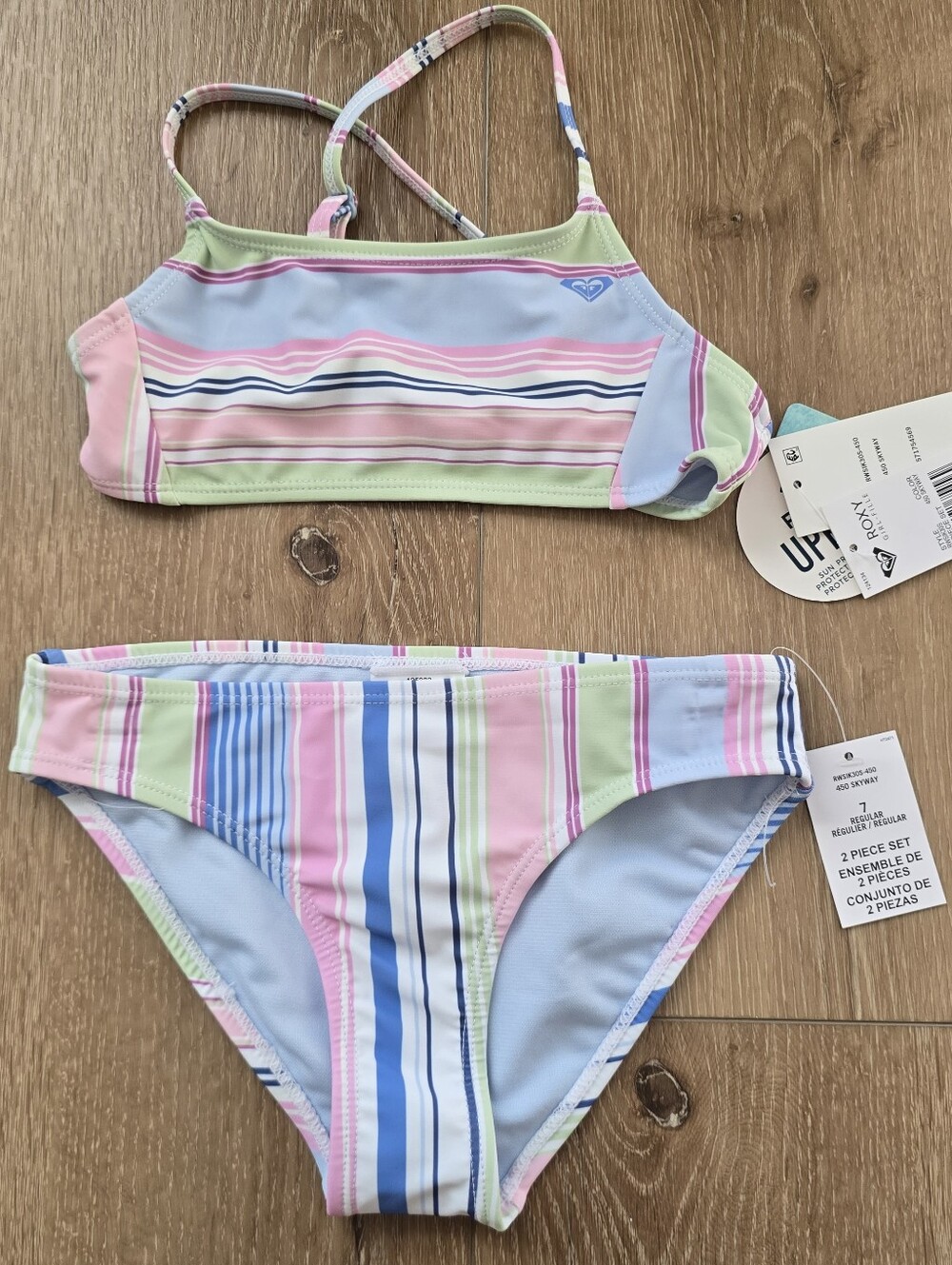 Roxy Girls 2 Piece Swimsuit Set Pastel Striped Bikini Size 7 Bikini